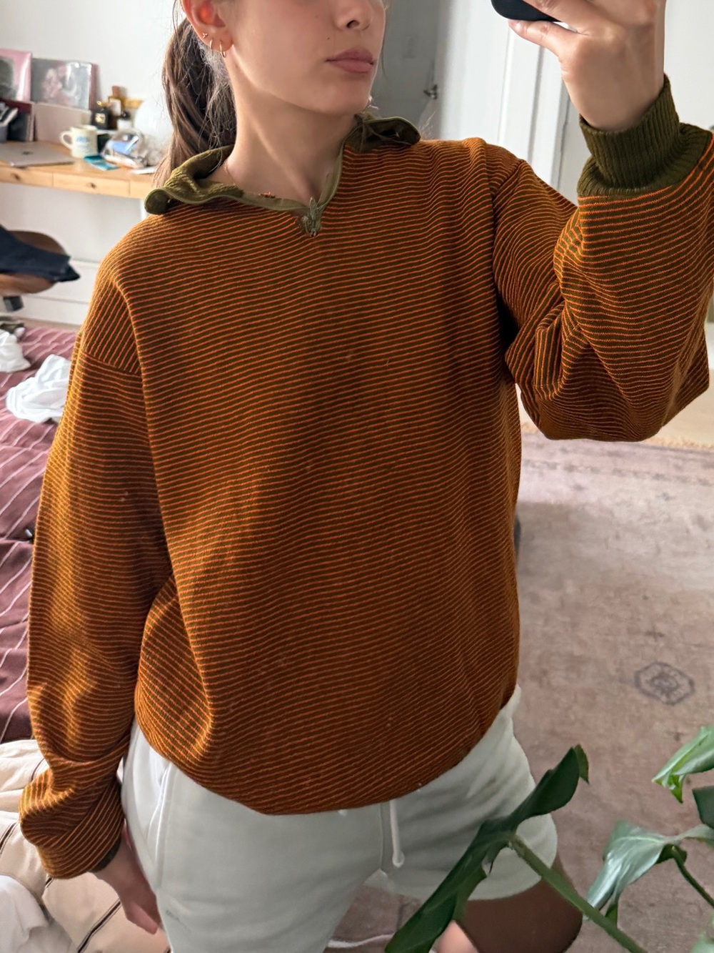 80’s Distressed Stripes Quarter Zip - Orange/Olive